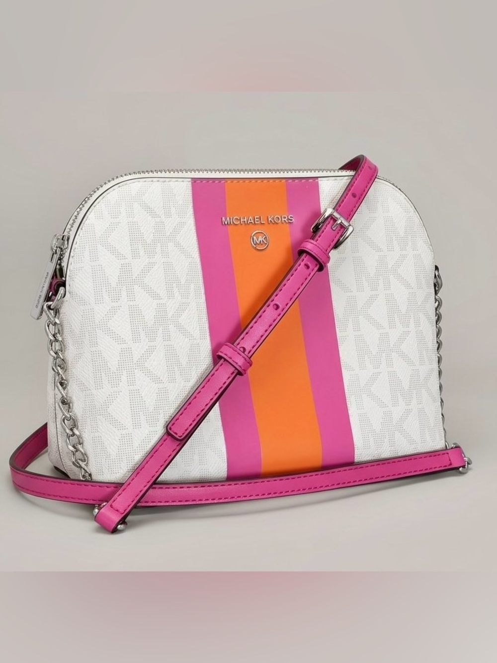 Michael Kors Cindy Signature Dome Stripe Crossbody Bag Pink Orange